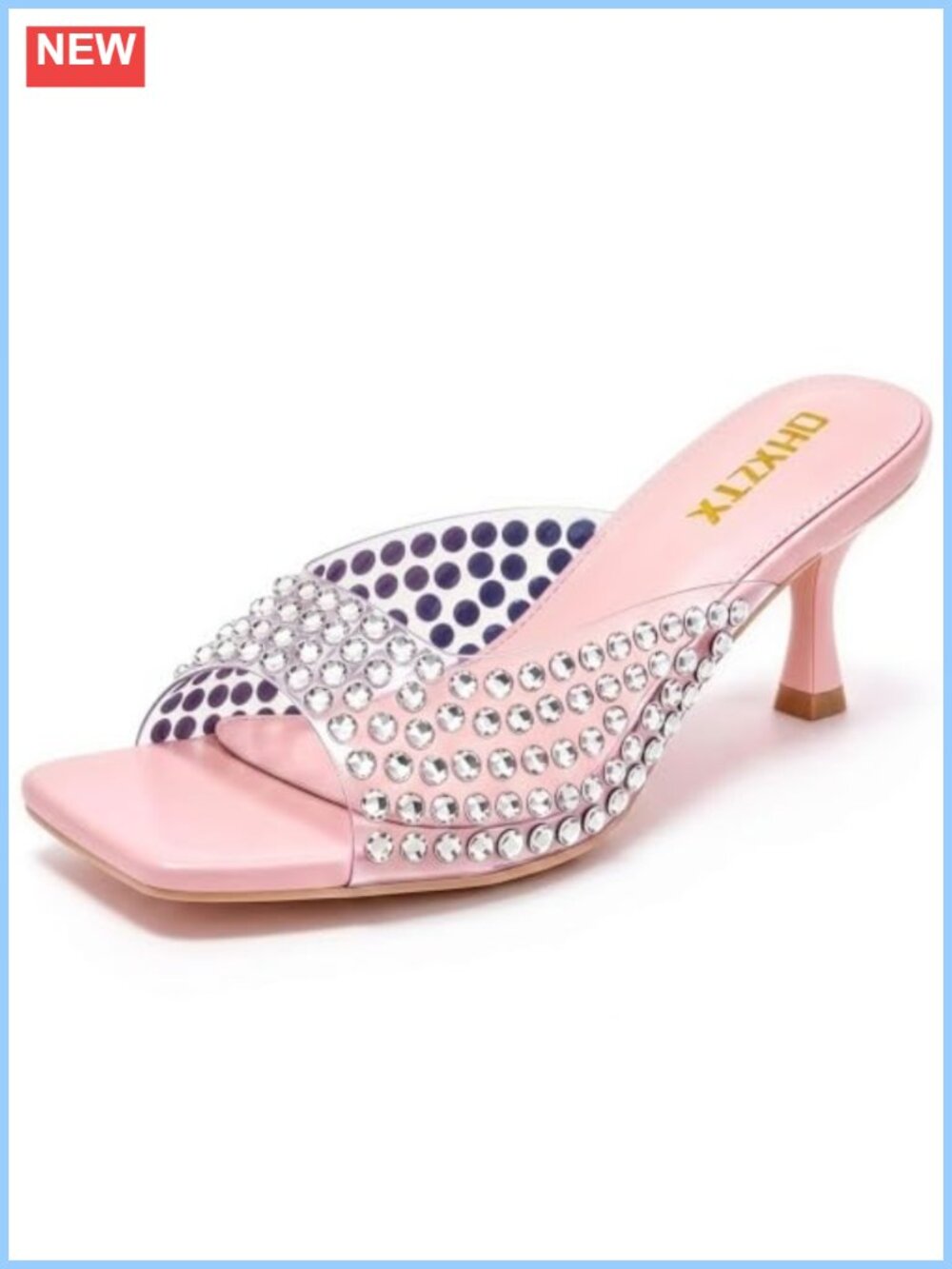 Rhinestone Kitten Heel Mules Square Toe Slip-On Heeled Sandals